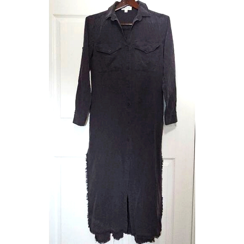 Anthropologie Cloth‎ & Stone Frayed Shirt Dress XS Smoky Gray Midi Indie Raw Hem